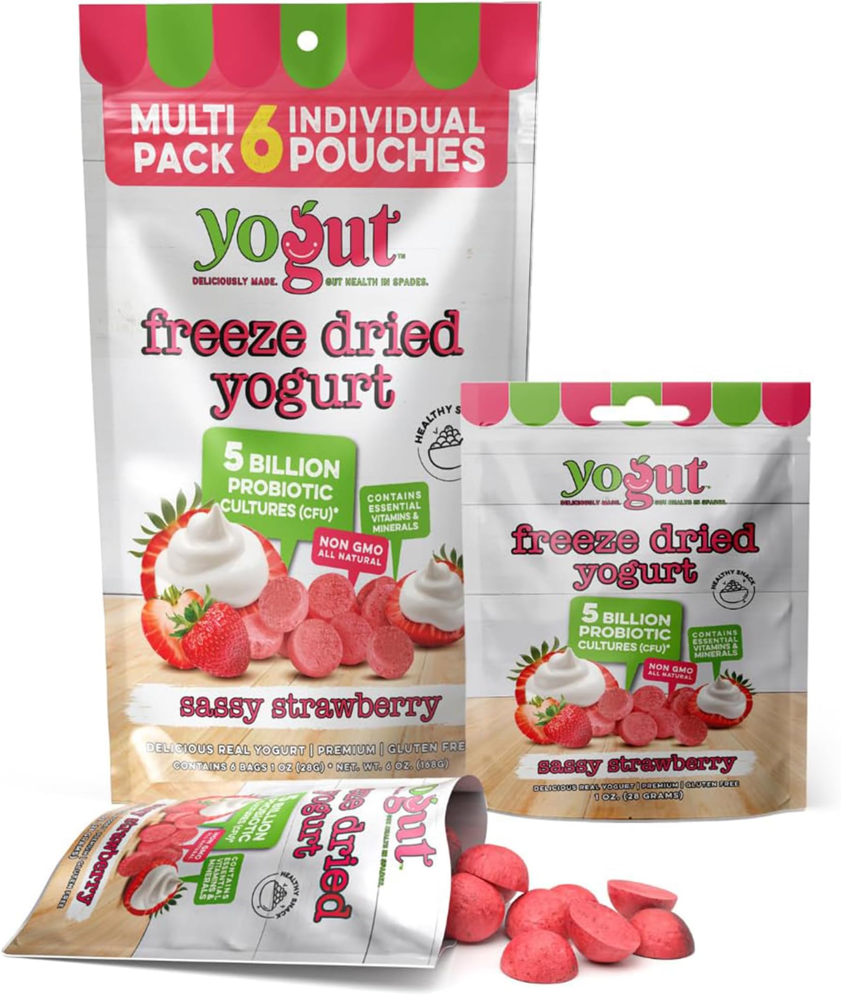 YoGut Freeze Dried Yogurt Snack Variety Pack, Healthy, On-the-Go Smoothie Melts Snacks for Kids & Adults, Gluten Free, Non GMO with 5 Billion Live Probiotics, Sassy Strawberry, 6 Pack