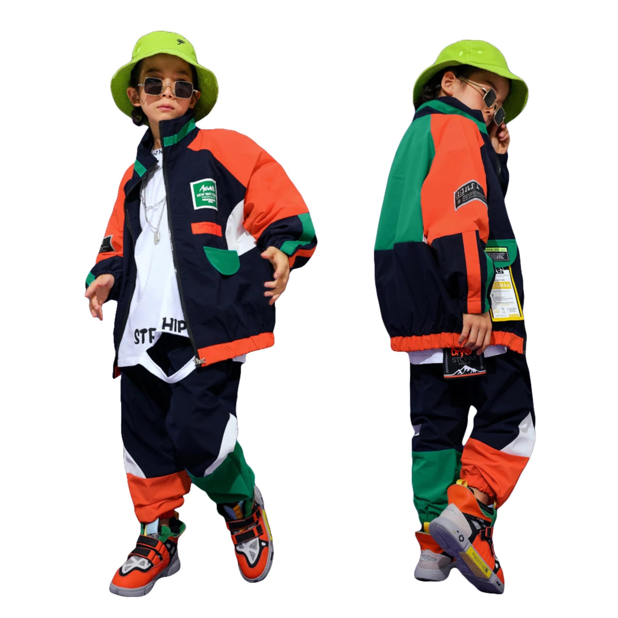Lolanta Completo Hip Hop per Bambini 2 Pezzi, Tuta da Danza con Giacca a Zip e Pantaloni Jogger, Stile Retrò Color Block Streetwear Unisex