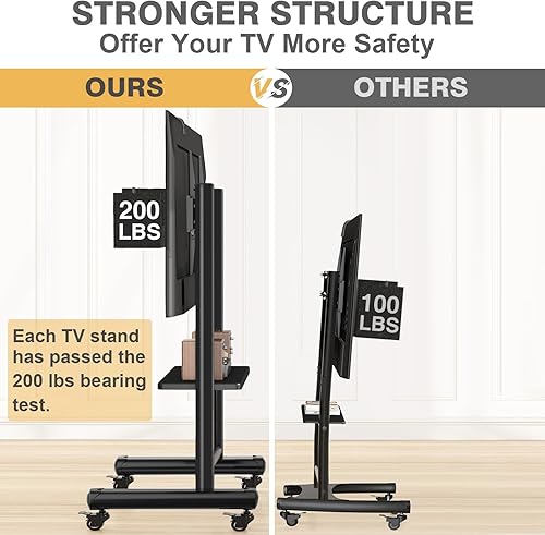 Miniatura 2 de TVON Carrito de TV móvil resistente para televisores grandes de 50 a 92 pulgadas de hasta 200 libras, soporte de TV rodante ajustable en altura con