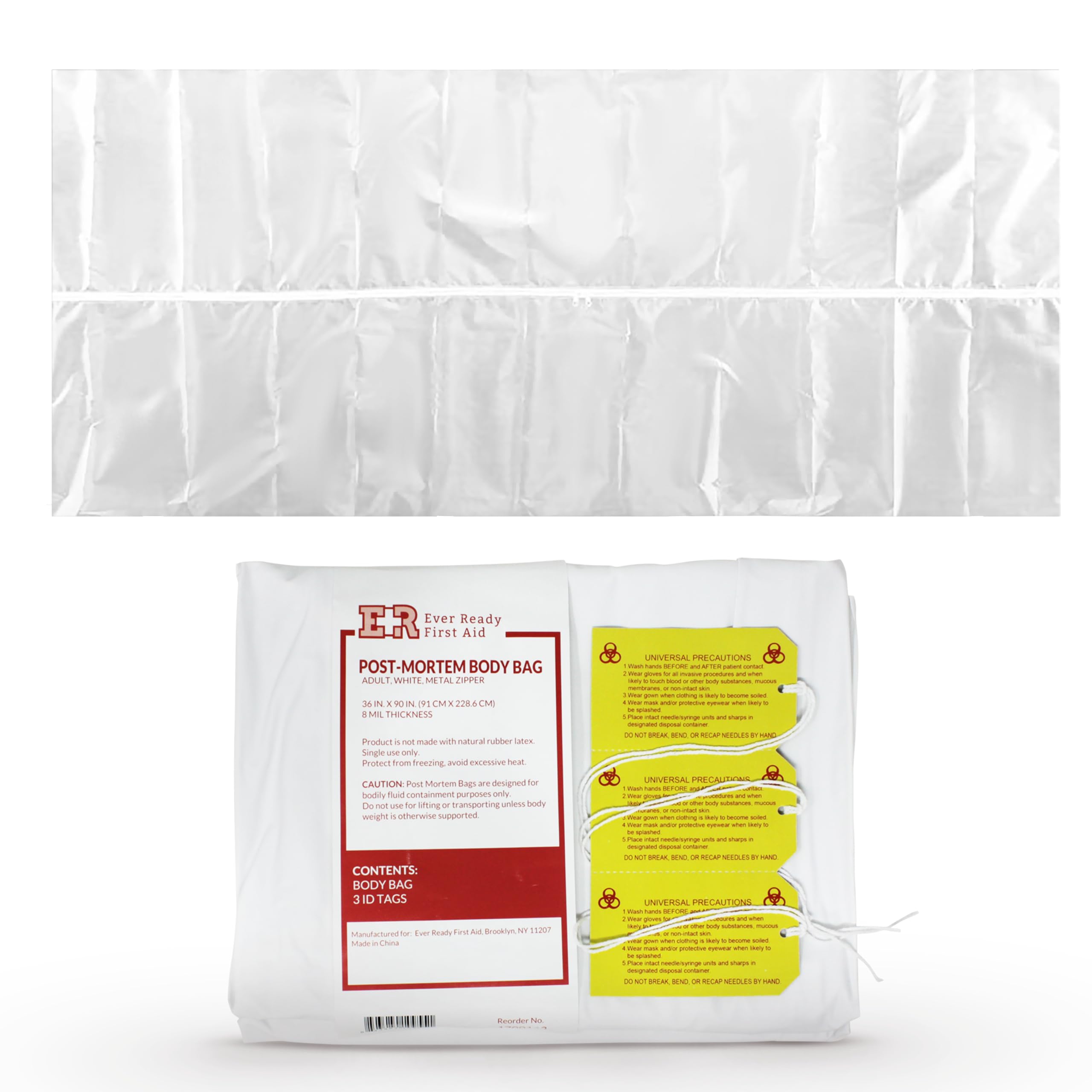 PVC Body Bag with Metal Zipper for Adult, White, 36" x 90" with ID Tags