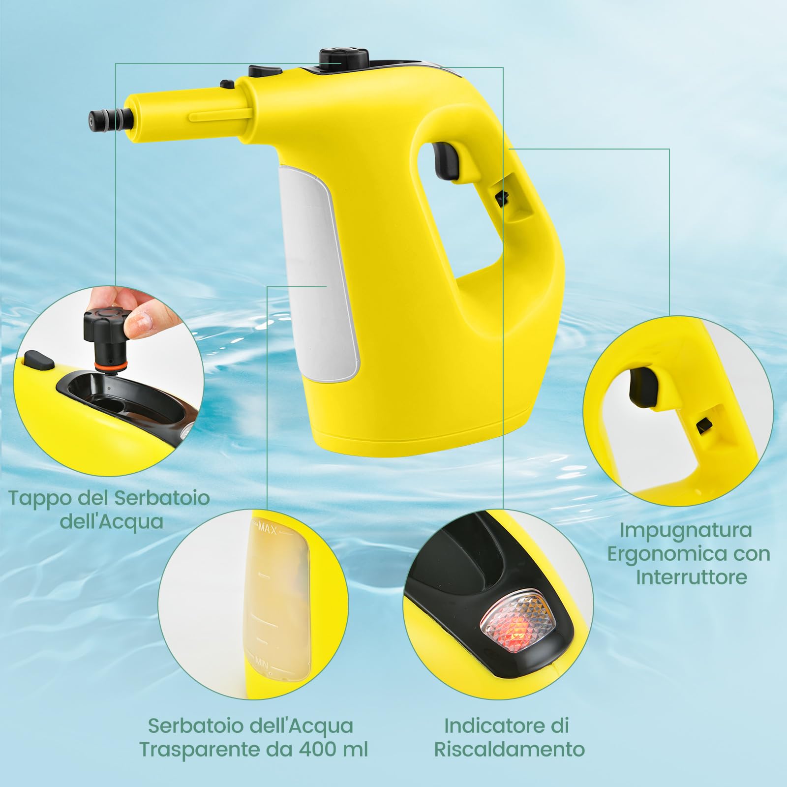 COSTWAY 1500W Pulitore a Vapore Portatile, Macchina a Vapore con Serbatoio d'Acqua da 400 ml Blocco per Bambini e Kit di Accessori da 14 Pezzi, 33x13x24,5 cm (Giallo)