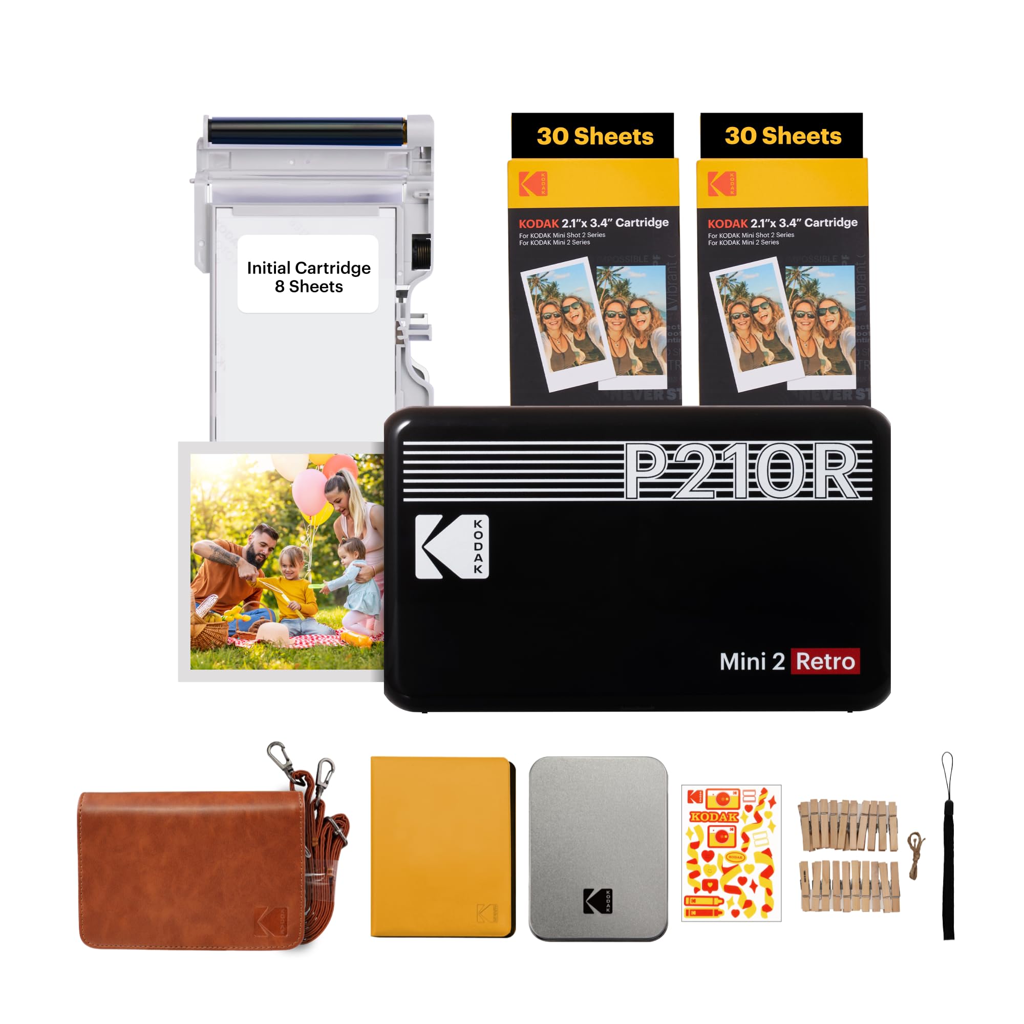 KODAK P210 Mini 2 Retro, Mobile Coloured Photo Printer, Compatible with Smartphone (iOS & Android), Bluetooth, 54 x 86 mm, 4Pass Technology, Lamination, 6 Cartridges, Accessory Bundle, 68 Sheets,
