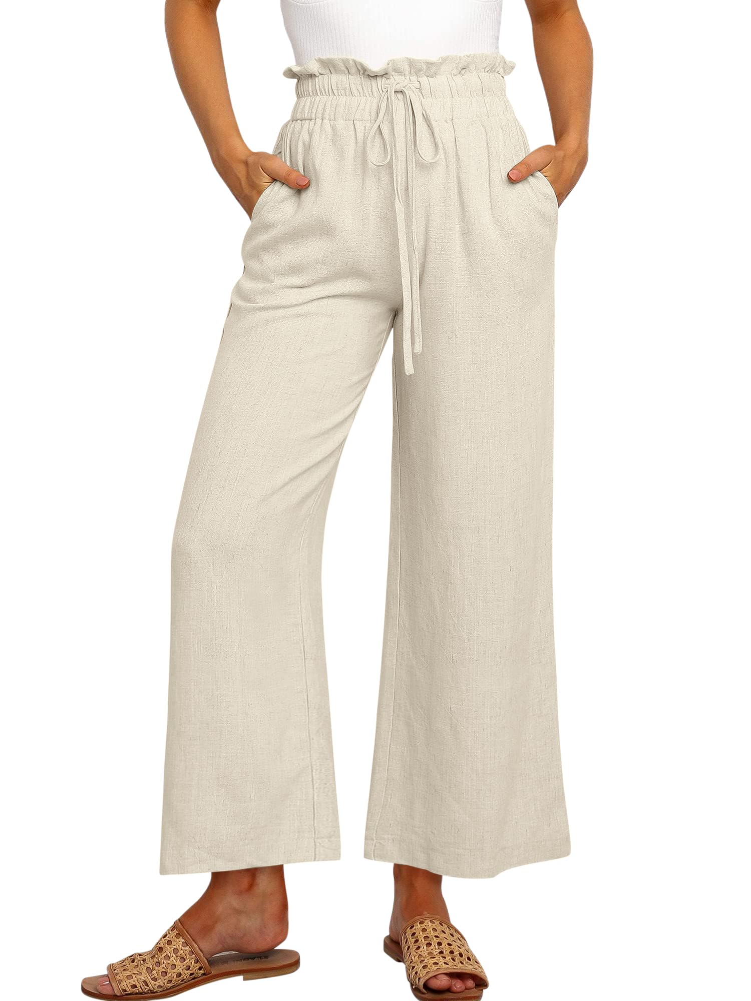 Cindeyar Linen Trousers, Women's Summer Casual Lightweight Palazzo Trousers, High Waist Plain Linen Casual Trousers, Summer Trousers with Pockets and Drawstring