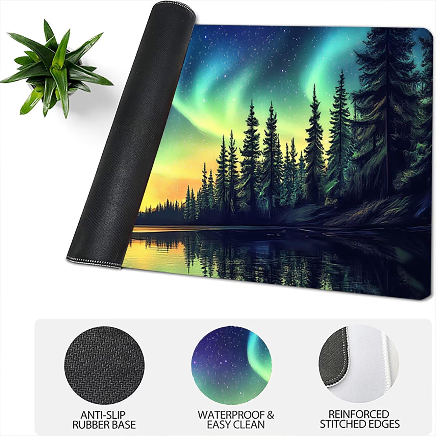 Lejnlnng Podkładka pod mysz do gier XXL, 120 x 60 cm, zorza polarna, wodoodporna podkładka pod mysz XL, krajobraz, antypoślizgowa gumowa podkładka pod mysz z przeszytymi krawędziami, do biura, nauki