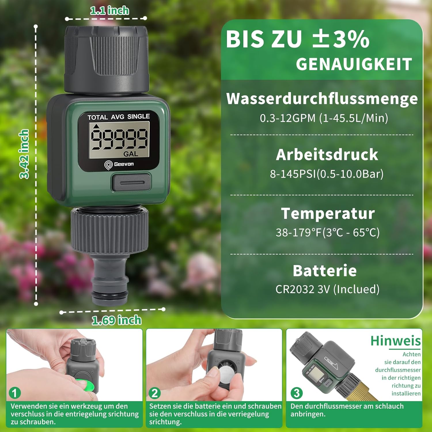 Geevon Water Flow Meter dimensions and specifications