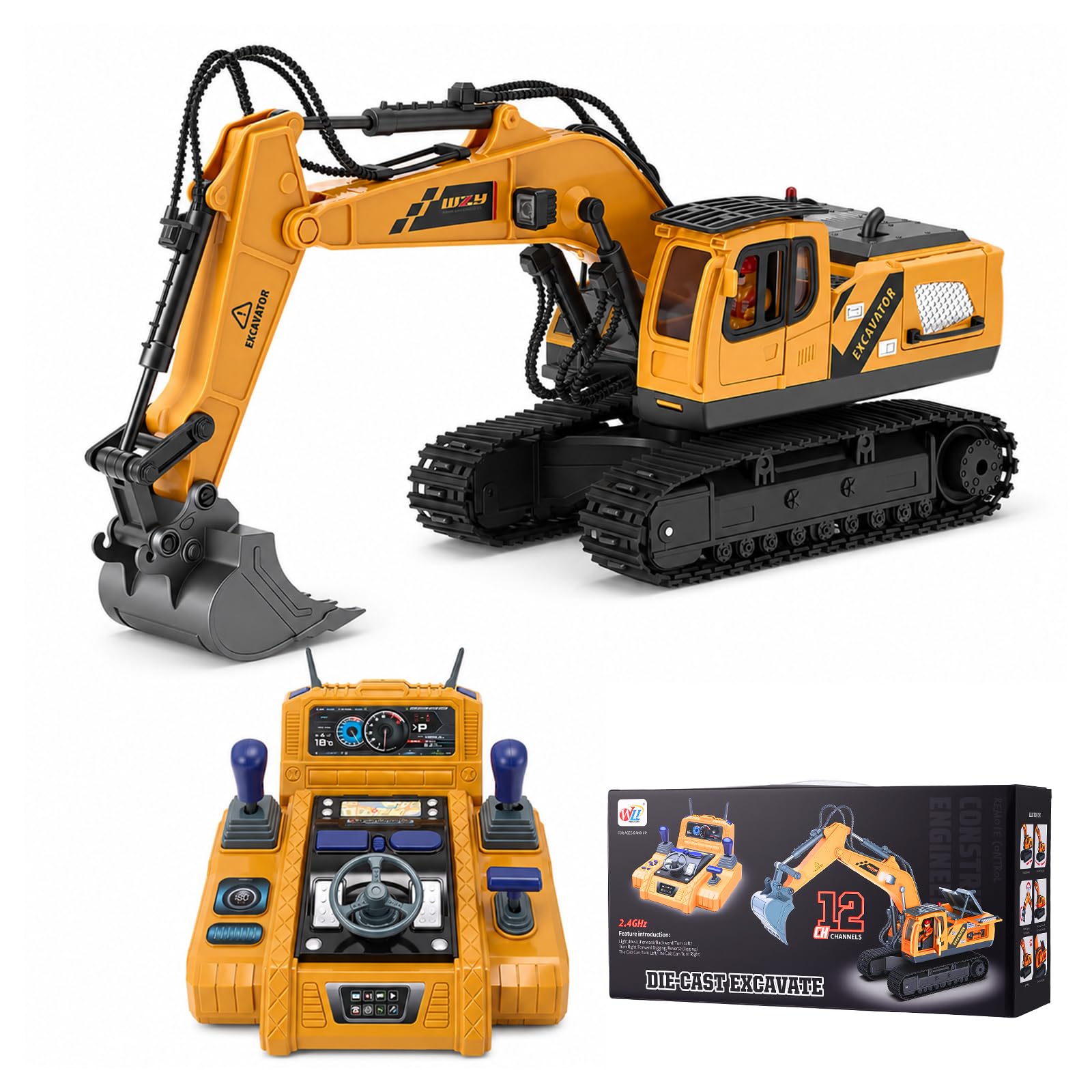 Ferngesteuertes Bagger Spielzeug mit Metall-Aufsätzen, 2,4 GHz Bagger RC Spielzeugautos mit Licht und Sound Bagger Extra Große Standgestützte Fernbedienung, Geschenk für Kinder ab 6-12 Jahren