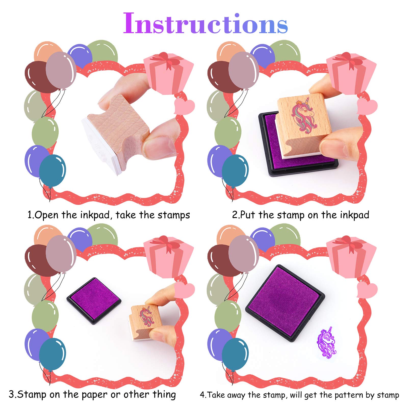 HOWAF 16 Madera Sellos para Niñas Niños Manualidades con Almohadilla de Tinta 4, Unicornio Sirena Princesa Corazón Arcoíris Mariposa Sellos para Niña Bricolaje Scrapbooking Tarjeta Impermeables Regalo