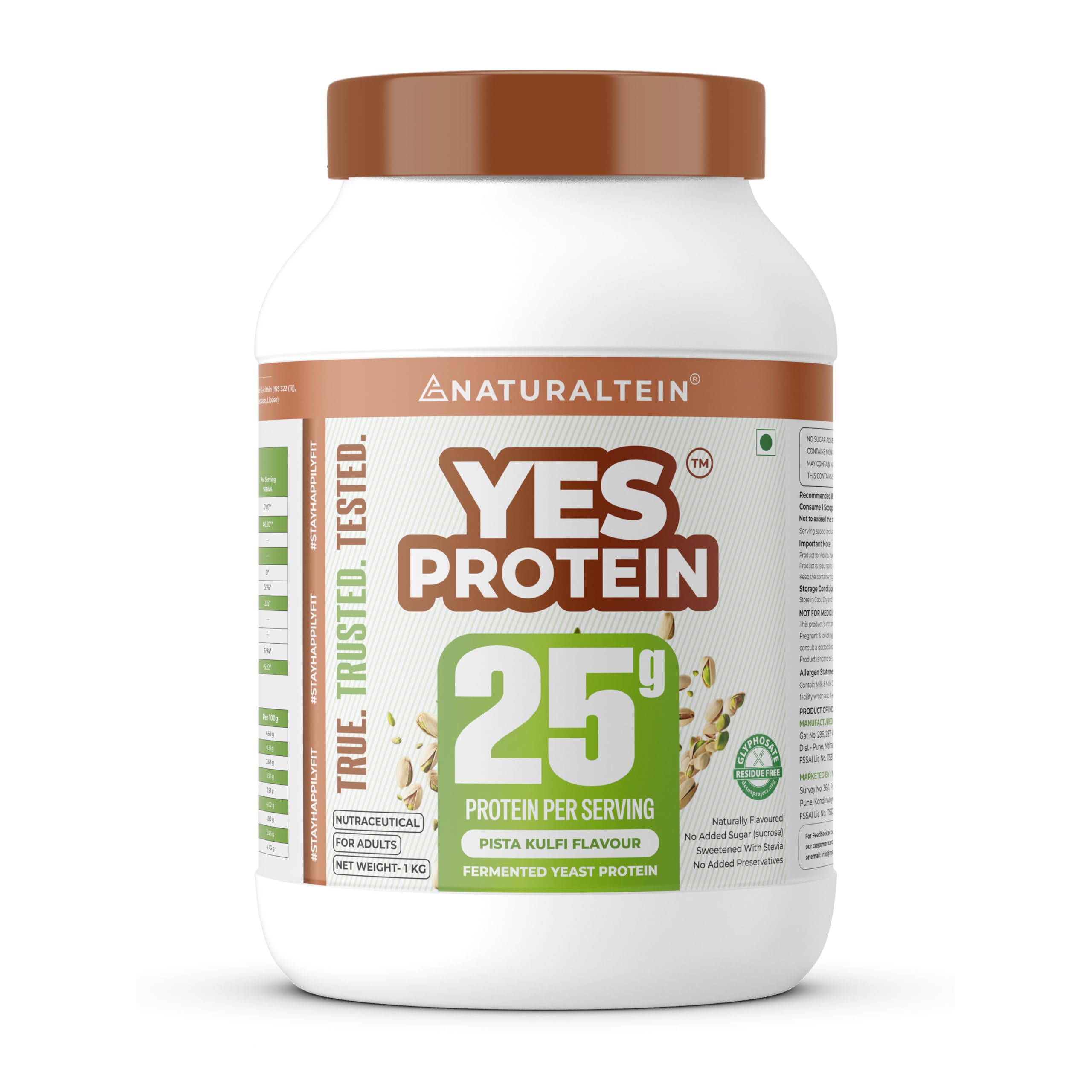 Naturaltein YES Protein 1kg | Fermented Yeast Vegan Protein Powder |Pista Kulfi Flavour| 25 g Protein | No Added Sugar | Naturally Sweetened | Digestive Enzymes | Heavy Metal Tested | 28 Servings