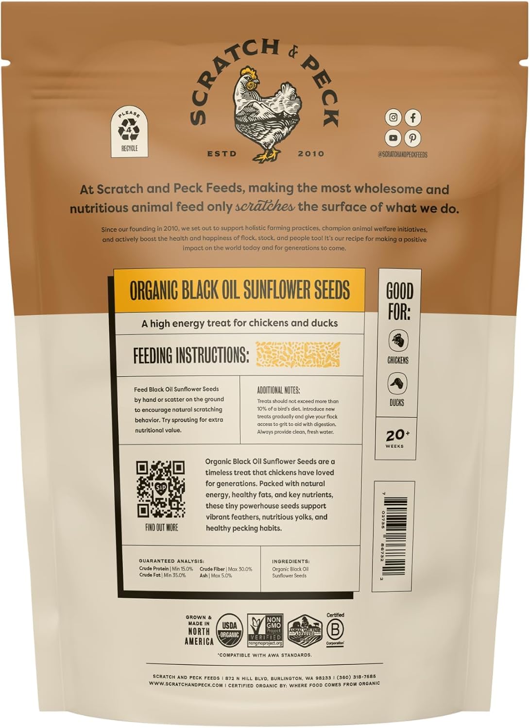 Scratch and Peck Black Oil Sunflower Seeds Chicken and Duck Treat - 7 lbs Bag - 15% Protein, Certified Organic and Non-GMO Project Verified Chicken Food