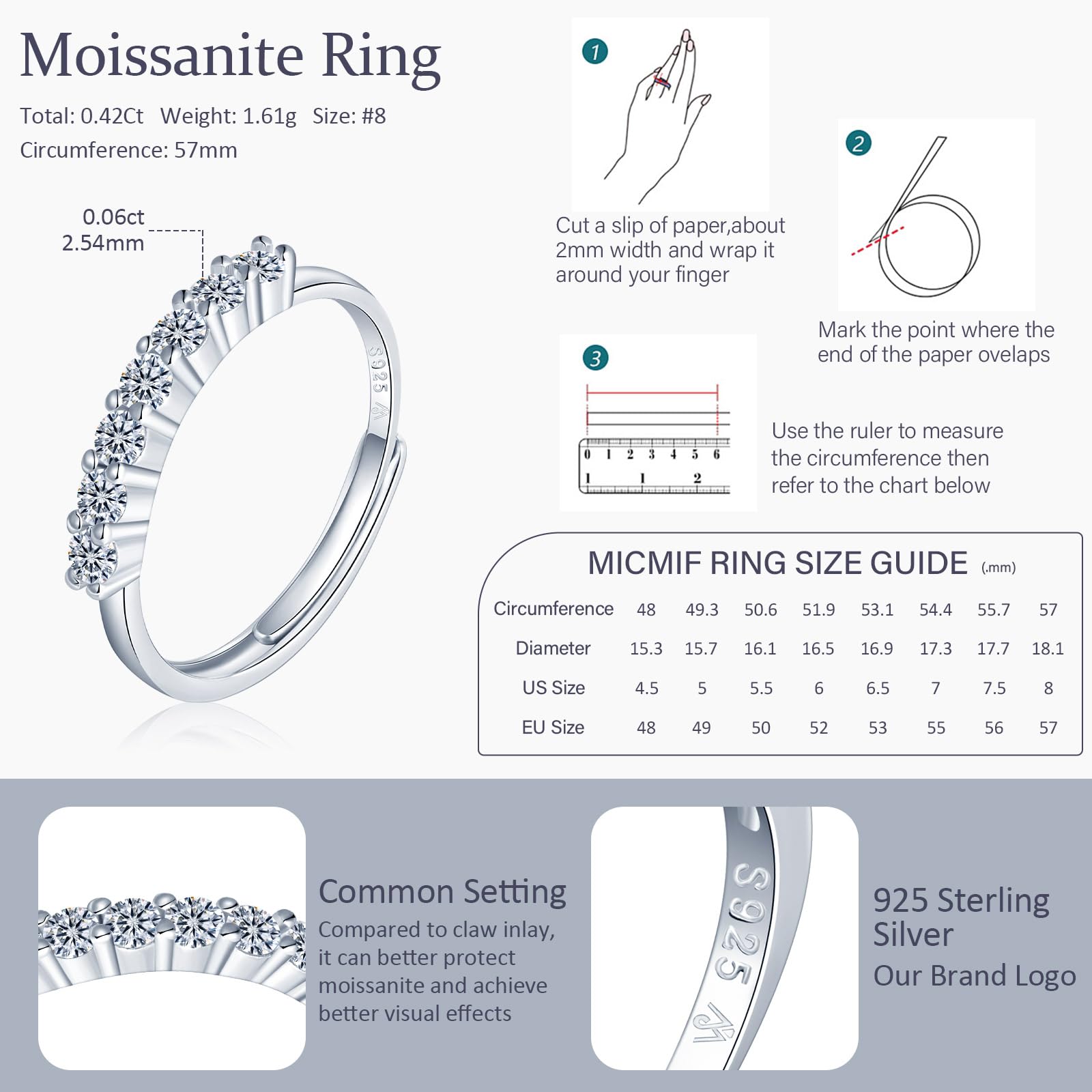 Moissanite Anello Eternità Donna Regolabile Anelli di Promessa di Fidanzamento in Argento 925 per Matrimonio, Anello 7 Diamanti di Moissanite Anniversario Sposa Anelli Gioielli