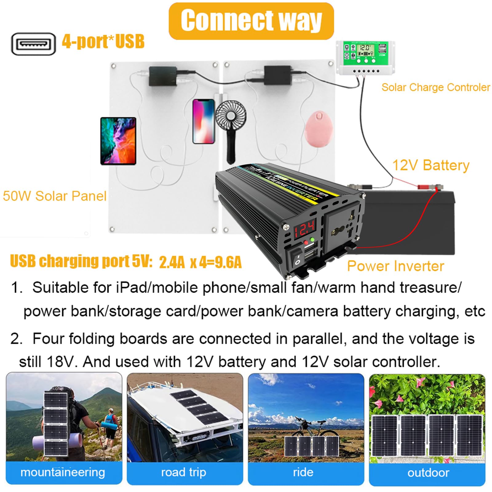 Komplettes Solarstrom-Set, 800 W Wechselrichter + 50 A Controller – vielseitig einsetzbar for Wohnmobil/Schuppen/Wohnmobil/Anhänger(50W)