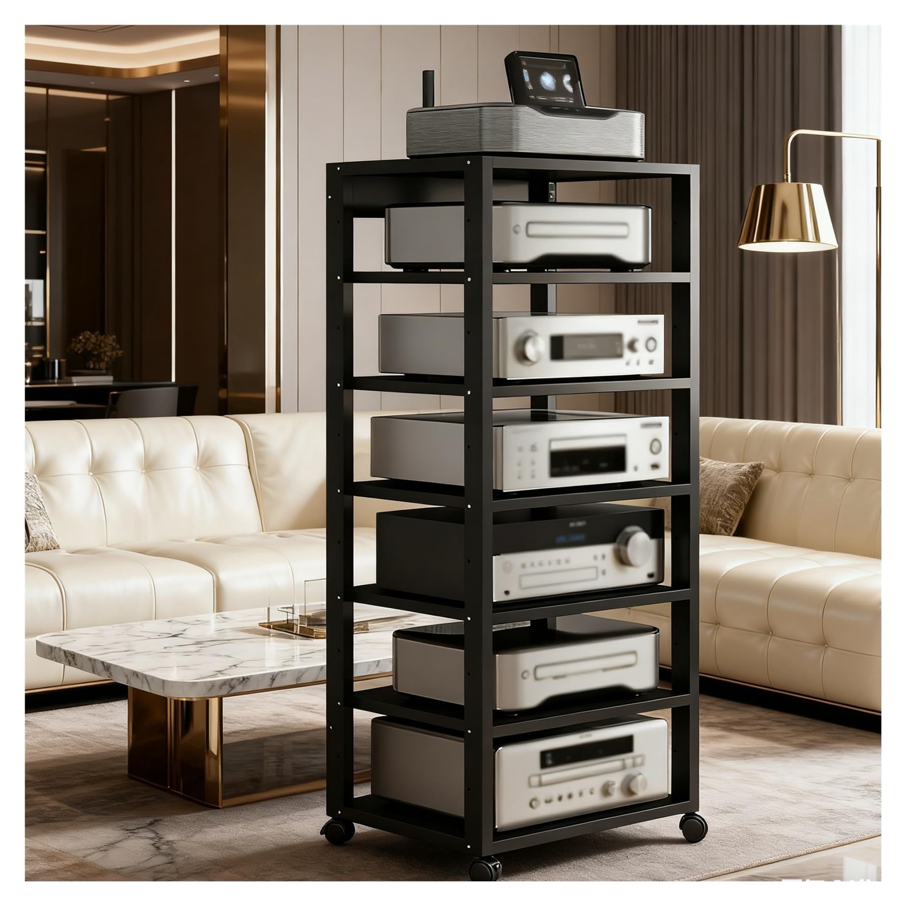 Étagère HiFi noire 7 niveaux pour optimiser le rangement de platine en studio