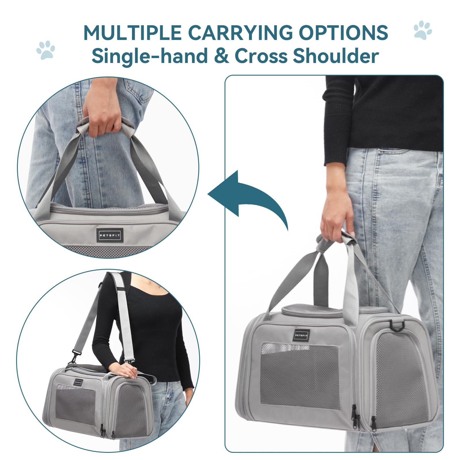 Petsfit Transportín Perro Plegable, Transportin Perro Pequeño, con Tirantes Ajustables, Transportin Gato Bolsa Transporte Perro Mochila Transpirable Acolchado Suave para Coche y Tren, S/Gris