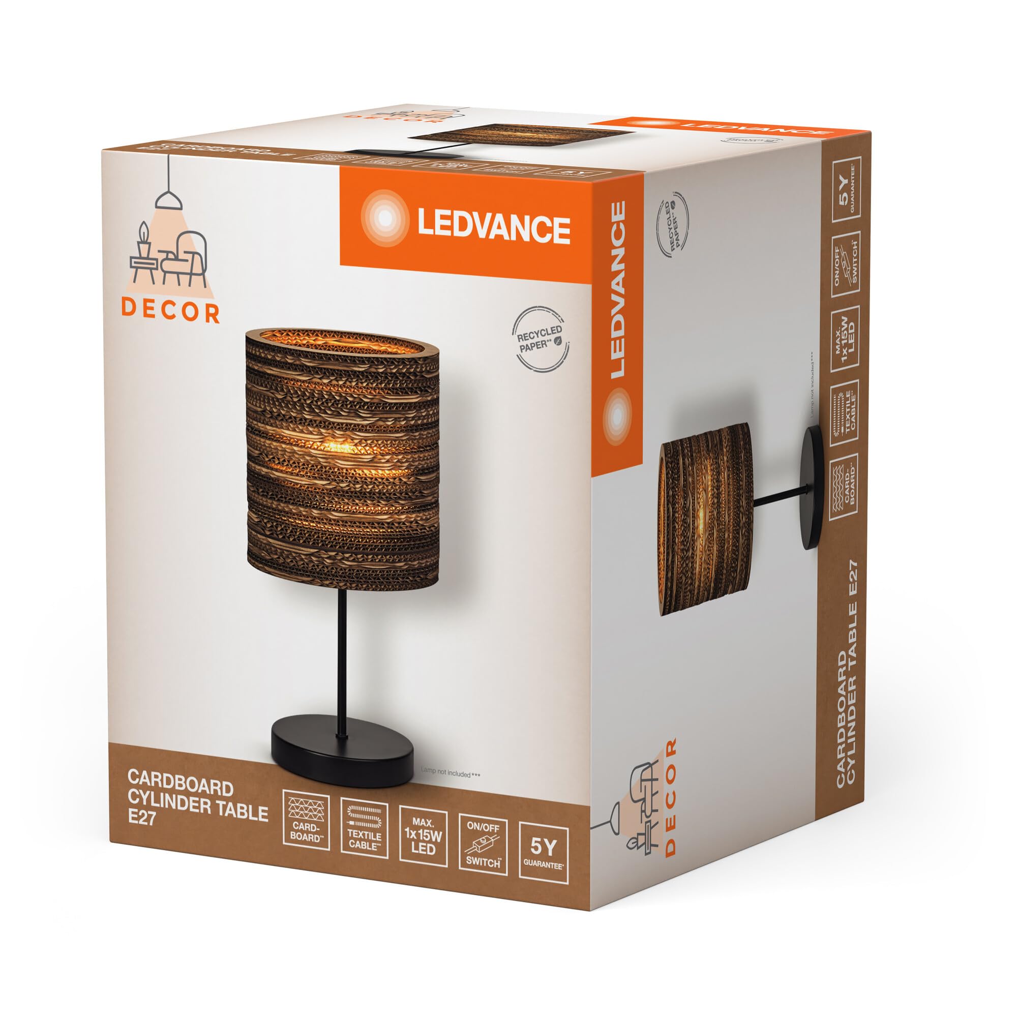 LEDVANCE Decor Cardboard Cilindro marrón de cartón ondulado, E27, 200 mm de diámetro, pantalla de material reciclado, sostenible gracias a la fuente de luz reemplazable, fácil de instalar
