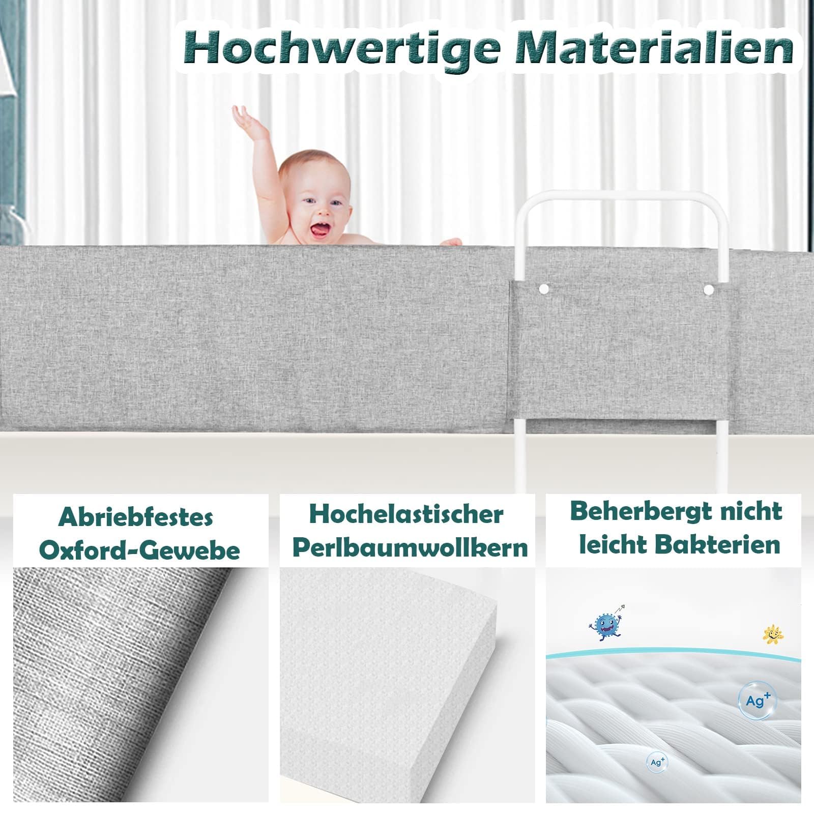LZQ 2 sponde di protezione anticaduta per lettino dei bambini, 180 cm, regolabili in altezza, deformabili, con chiusura lampo e bottoni automatici, per letto familiare e bambini, grigio