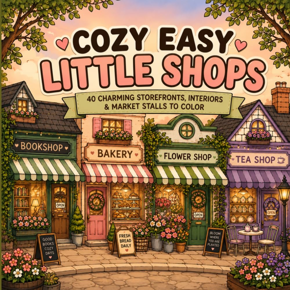 Cozy Easy Little Shops: 40 Charming Storefronts, Market Stalls, Bookshops, Bakeries, and Boutique Scenes to Color for Relaxation