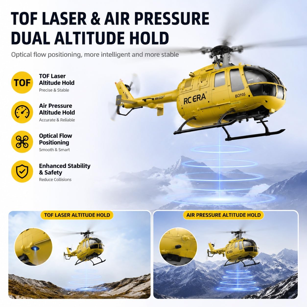 Elicottero radiocomandato BO-105 con decollo/volo invertito a un solo tasto giroscopio barometrico a 6 assi a 6 canali + LiDAR TOF Aeromobile radiocomandato per adulti(Camouflage)