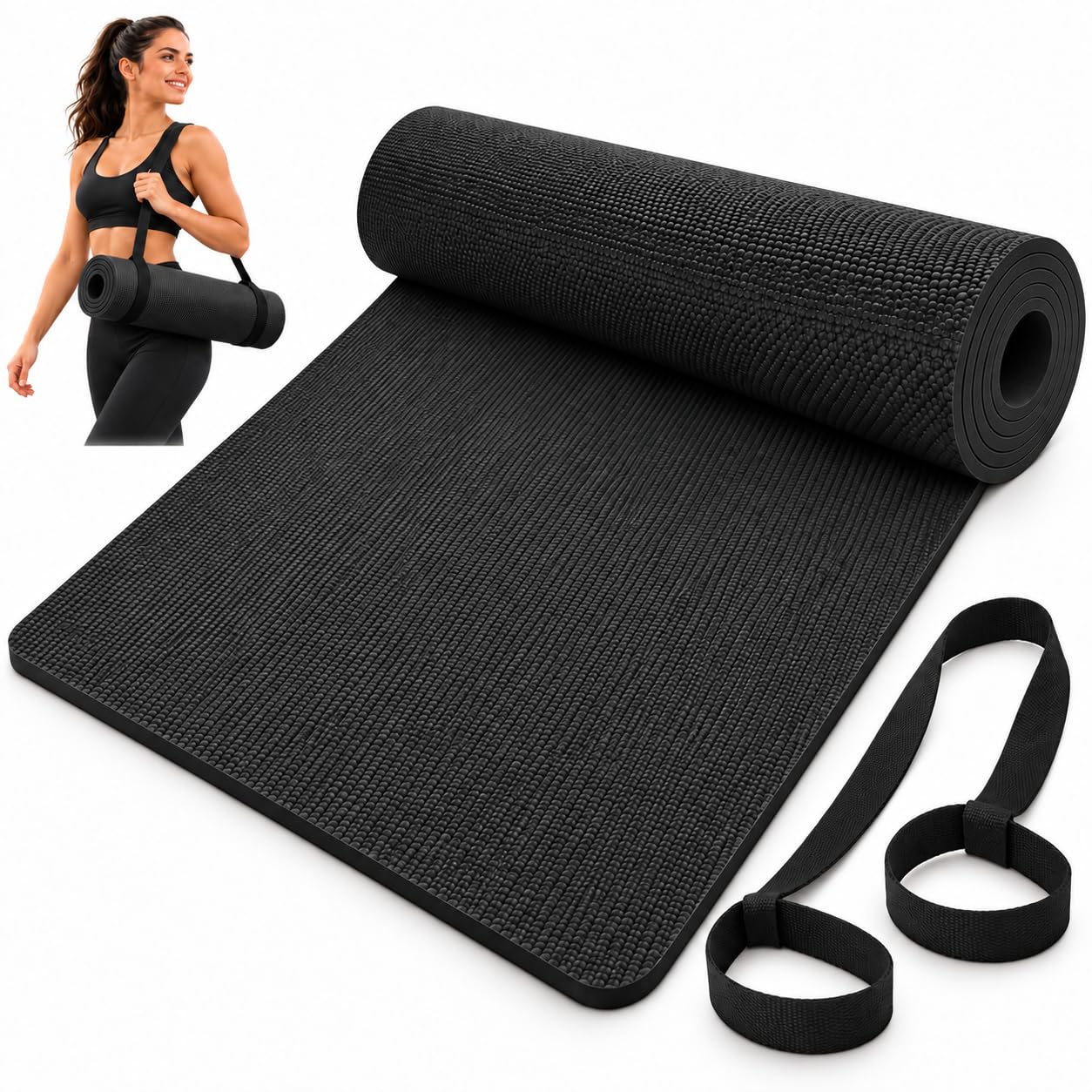 Tapete de Yoga EVA com Alça 170x60cm Preto — Antiderrapante