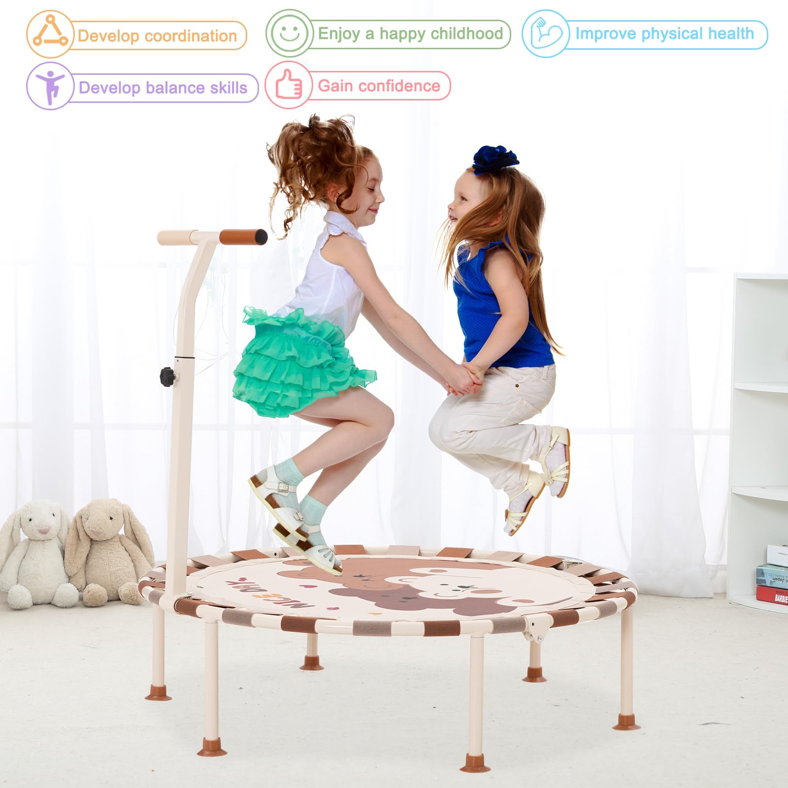 Trampoline Interieur Exterieur Enfants Ø101cm, Mini Trampoline Fitness Pliable avec Poignée en Mousse Réglable et Ventouses Antidérapantes, Récréatif Exercices Cadeau d'anniversaire pour Enfants