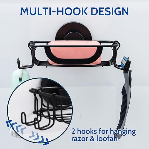 Miniatura 8 de Jabonera con ventosa con 4 ganchos, bandeja de ahorro de jabón de acero inoxidable para pared de ducha, baño, cocina, soporte para barra de jabón