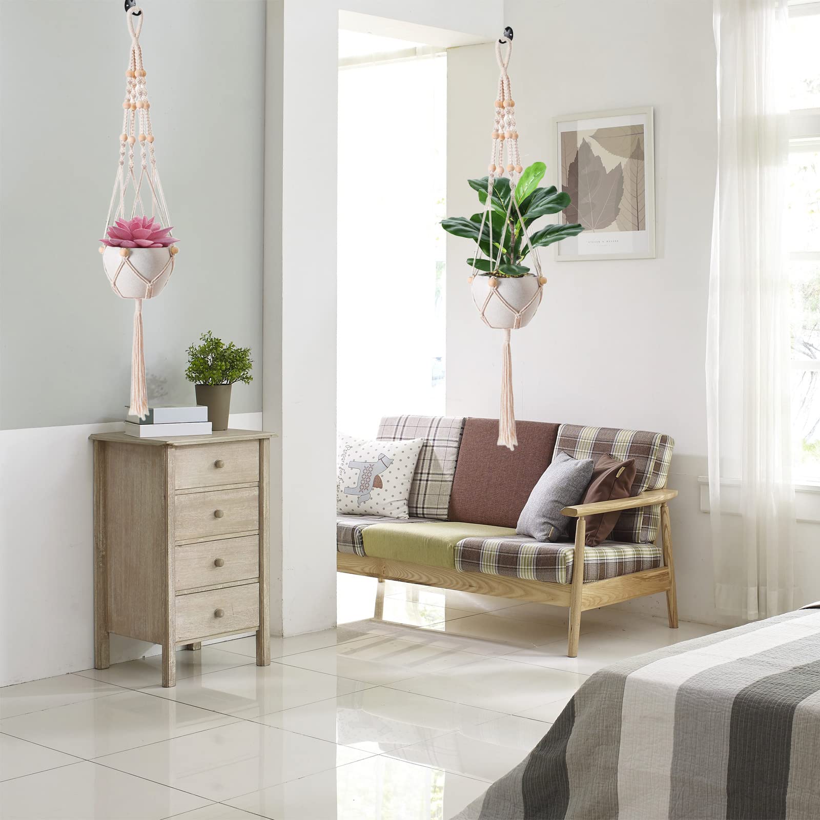 LINGJIONG Gancio per piante in macramè, in tessuto macramè, per interni, con perline di legno, cotone, bianco, per piante, pareti, finestre, esterni