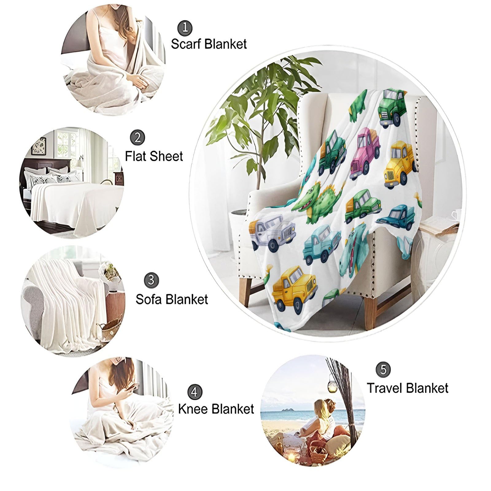 Cartoon Verspielt Kuscheldecke Dinosaurier LKWs Fahrzeuge Decke Tagesdecke Wohndecke Grün, Couchdecke Weich Warm Flauschig, Sofa Decke für Reisen Zelten Outdoor, 150 x 200 cm