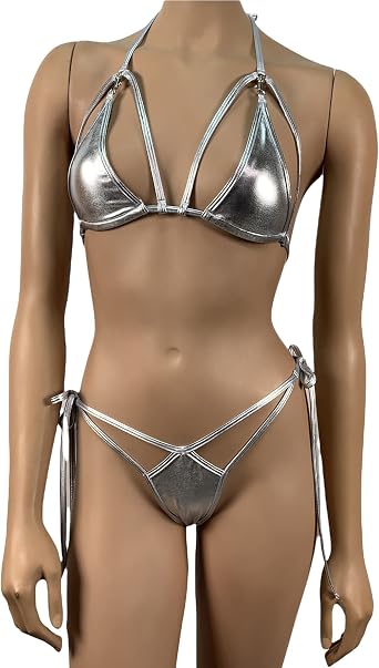 Silver Micro Bikini Mini Triangle Top G-String Thong Bottom Tie Side Swimwear Extreme Bikini
