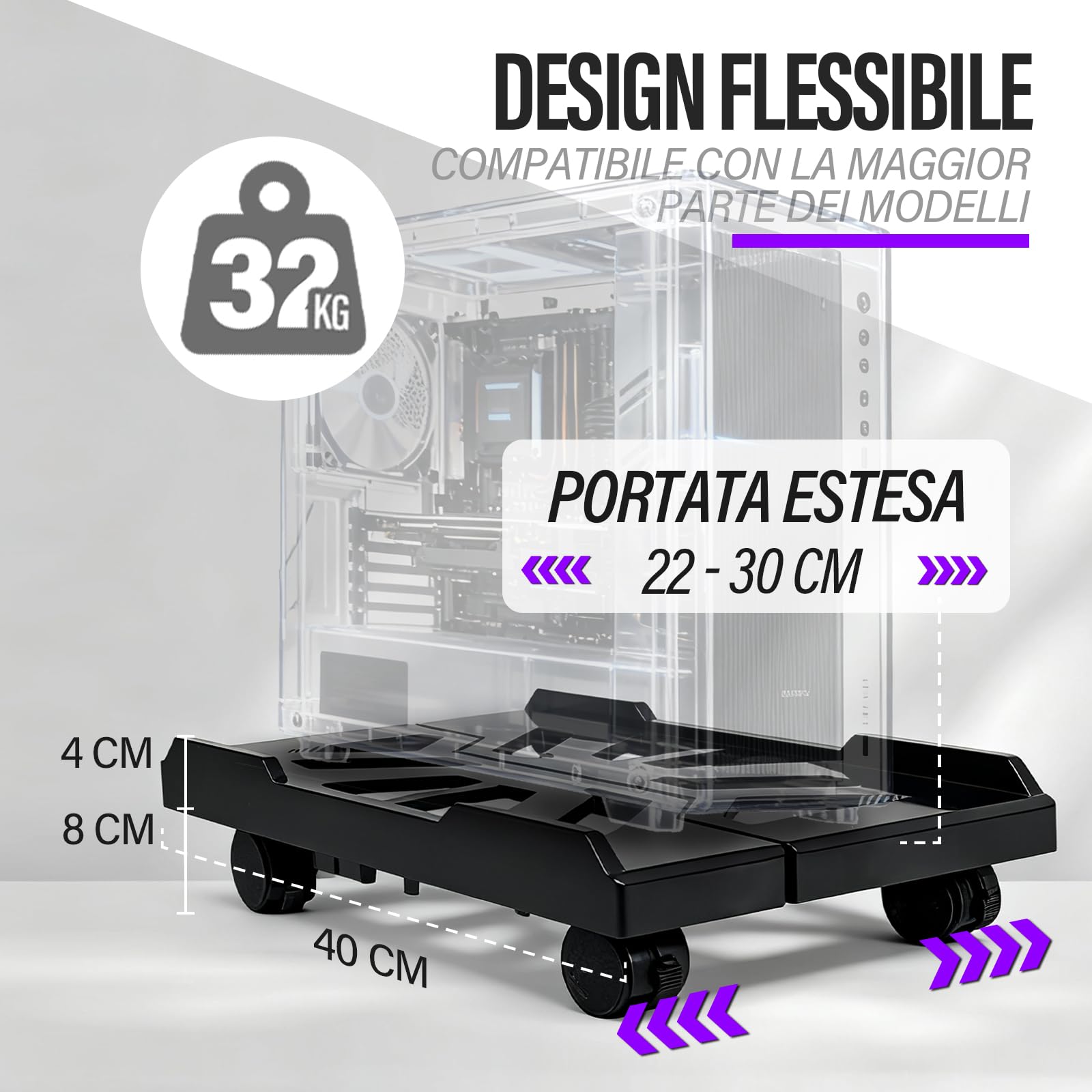 Supporto regolabile per computer, supporto per PC mobile da pavimento con ruote girevoli bloccabili, si adatta alla maggior parte dei PC, supporto per CPU sotto la scrivania per ufficio