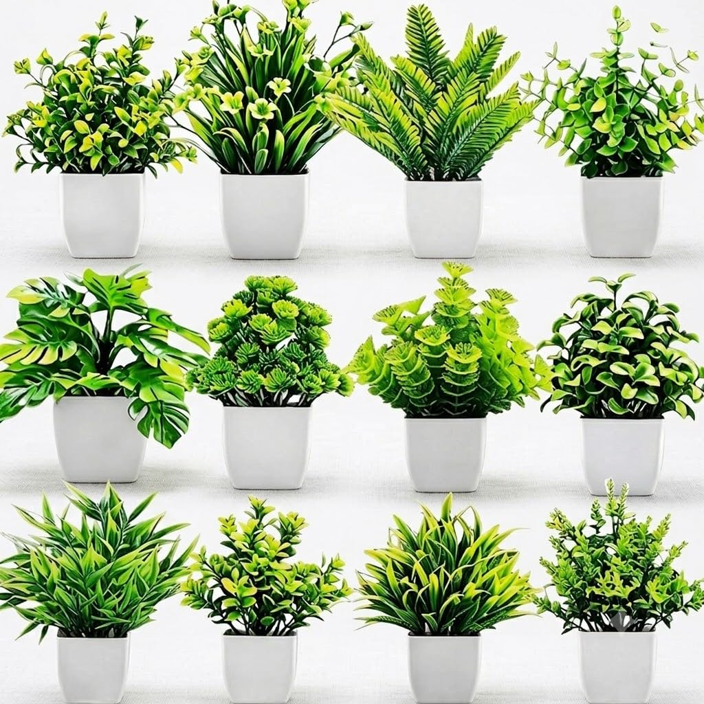 12 Pcs Fake Plants in White Pots, Mini Artificial Eucalyptus Potted Plants, Small Realistic Faux Greenery Pieces for Living Room, Bathroom, Office Table Decor