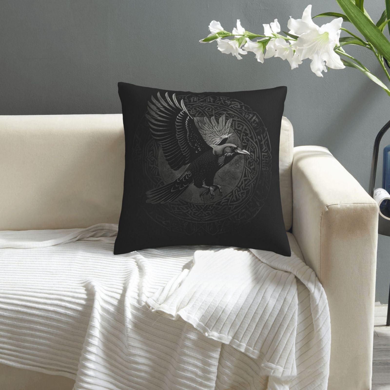 Federa Per Cuscino Quadrata 45x45 Cm In Cotone E Lino – Motivo Celtico Pagano Con Corvo Bianco, Cerniera Nascosta, Morbida E Decorativa