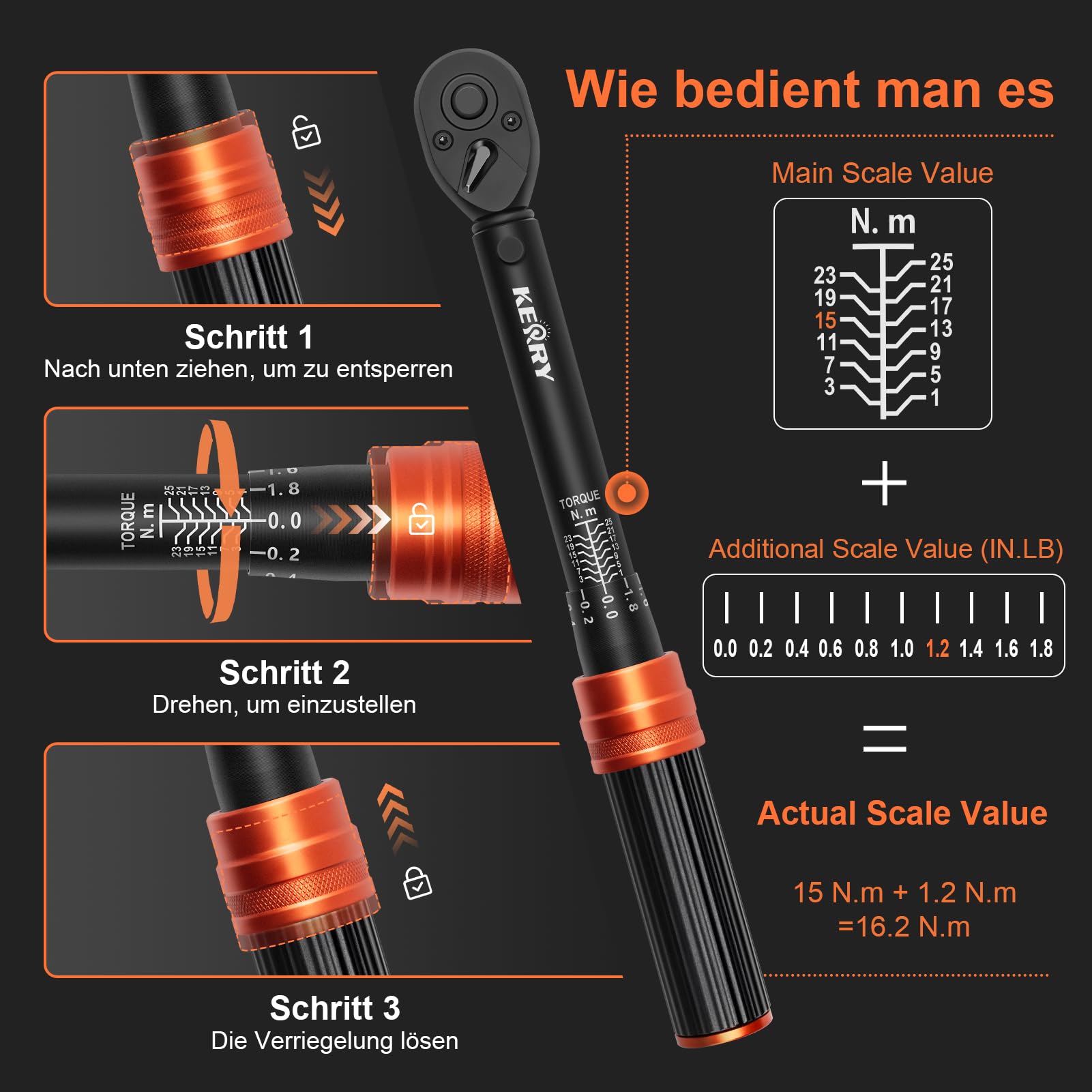 Kerry Clé dynamométrique compacte 1/4 pouce 1-25 Nm pour vélo et moto, 27 pièces avec cliquet 72 dents et boîtier