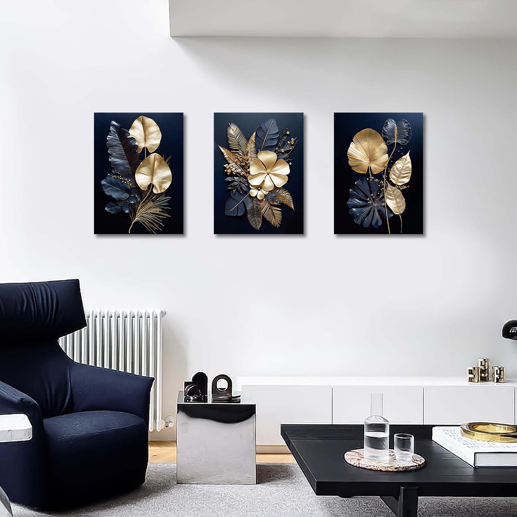 FajerminArt 3 Panels Modern Canvas Wall Art Navy Blue Gold Flowers Coconut Leaves Pictures Painting on Canvas Prints for Living Room Bedroom Office Wall Decoration Stretched On Frame 30x40cmx3 Pcs — view 4