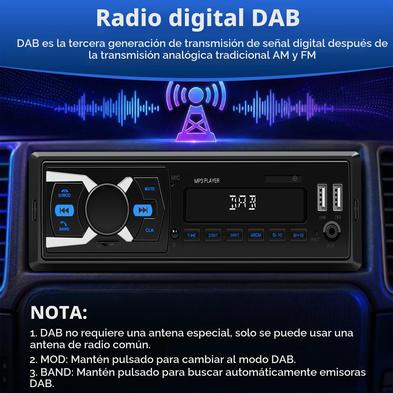 SIXTOP Dab Radio con Sistema Manos Libres Bluetooth Radio para Coche 1DIN con FM Radio/Pantalla de Reloj LCD, Reproductor de MP3 Radio 1DIN Admite Entrada AUX/RCA/Reproducción USB/Carga