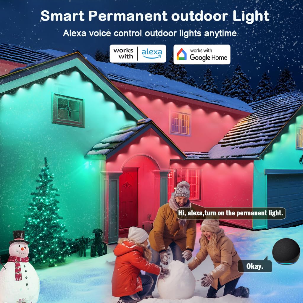iYogaled Permanente Außenleuchten, 30,5 m, intelligente RGB-LED-Außenleuchten, Farbwechsel, Trauflichter mit 63 Szenenmodi, IP67 wasserdicht, permanente Urlaubslichter für den Außenbereich, App,