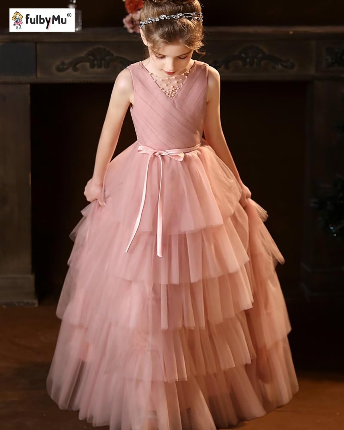 Layered Tulle Flower Girl Dress for Wedding Girls Pageant Dresses with Beads Long First Communion Dress with Belt - Image 4