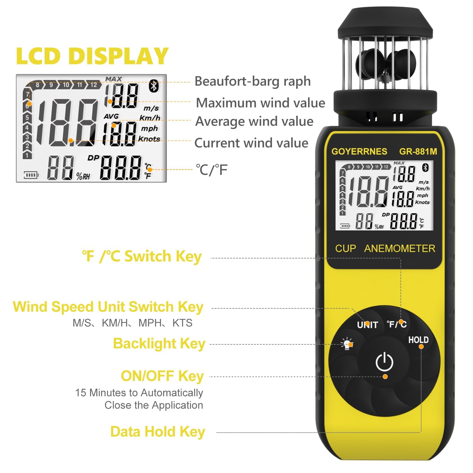 Anemometro digitale portatile con ventola, anemometro portatile, 881 m, misuratore di velocità con bussola