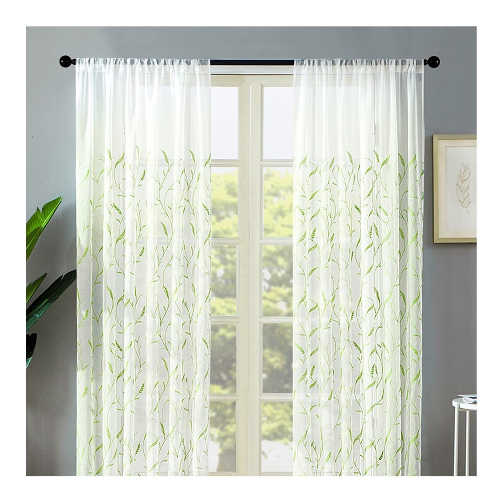 Daesar 2 Pannelli Tende Camera da Letto, Tenda Semi Oscurante Poliestere senza Fori Tende Cameretta e Soggiorno Ricamata di Spighe di Grano Verde 107x183CM