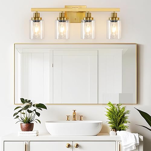 Miniatura 2 de Lámpara de tocador de baño, 4 luces, moderna lámpara de pared dorada mate con pantalla de vidrio transparente, luces de pared negras, lámparas