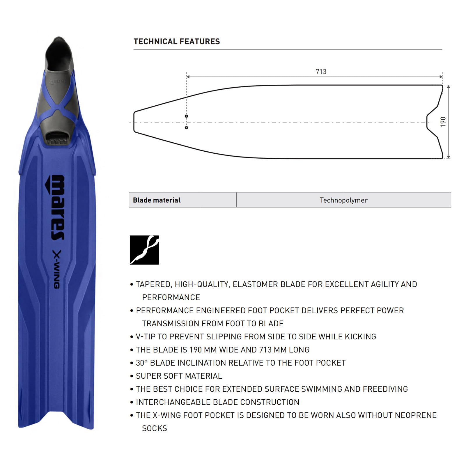 MARES X-Wing Freediving Fins | Tapered-Blade V-Tip Soft Swimming Fins for Freediving & Spearfishing, Blue, 42