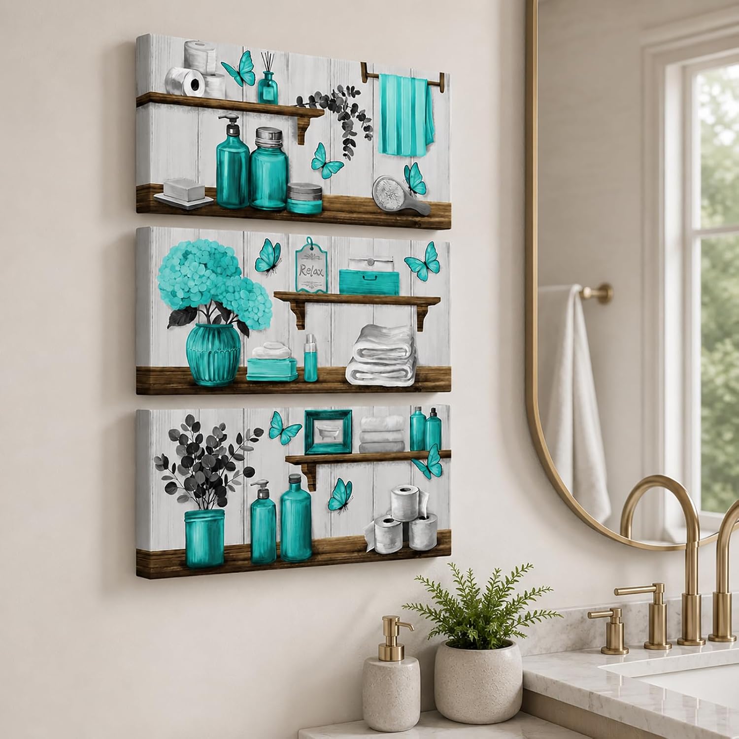 OuElegent Bathroom Wall Art Rustic Farmhouse Bathroom Decor with Towels Bottles & Butterfly Vintage Wooden Shelf Bathroom Prints Relax Spa Wall Decor Home Bath Artwork 8''x16''x3 panels (teal)