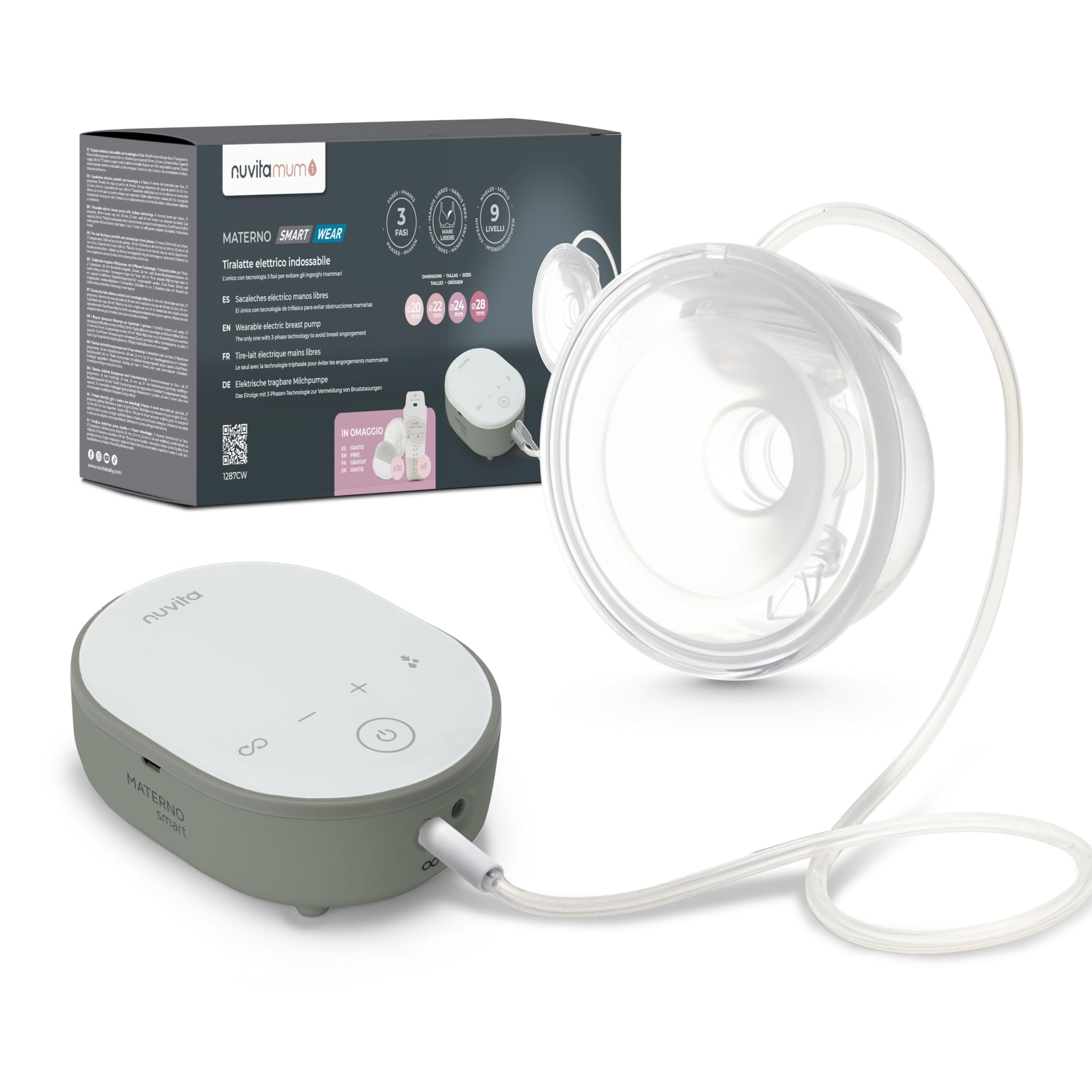 Nuvita 1287CW Materno Smart Wear Tiralatte Elettrico Indossabile – Tecnologia a 3 Fasi, Mani Libere, 9 Livelli di Intensità, Capacità 240 ml, Ricaricabile