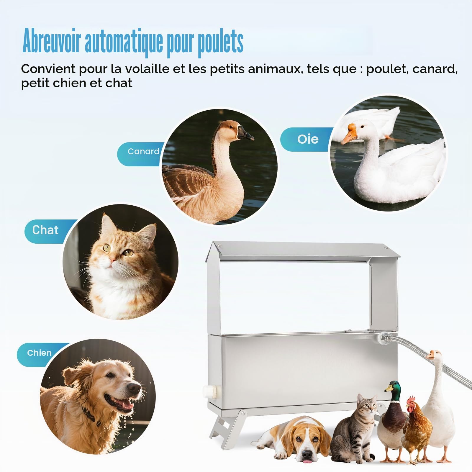 Abreuvoir automatique en acier inoxydable pour poules, canard, oie, dinde, pigeon, caille avec valve flottante et tuyau d'eau de 150 cm 9 l