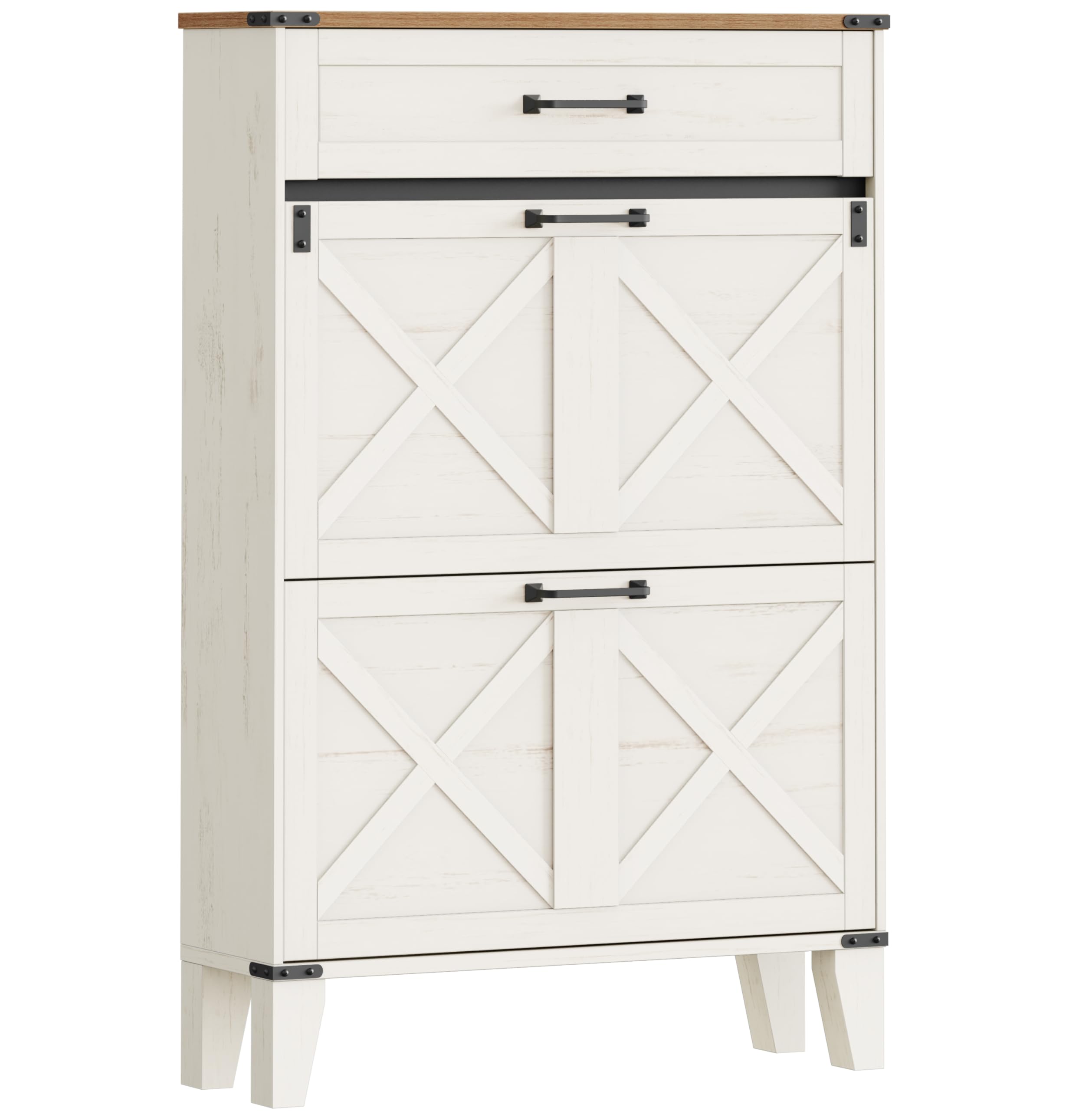 Hzuaneri Schuhschrank mit 2 Klappen, Schuhregal Schuhkipper Schmal, 1 Große Schublade, Verstellbar, 16 Paar, Schuhaufbewahrung für Eingang, Flur, Garderobe, 24 x 76 x 117 cm, Braun und Weiß SR59014X