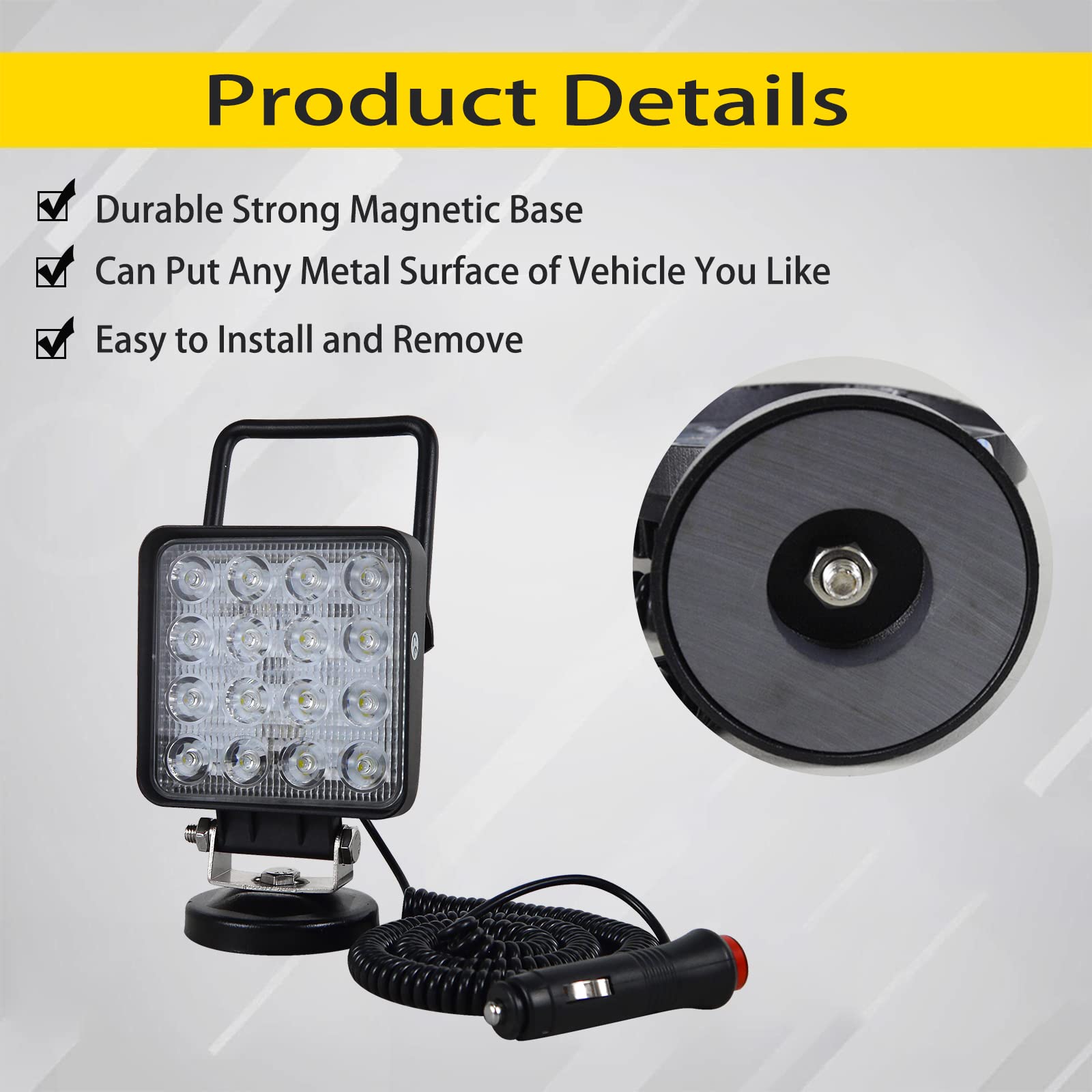 PICAA Przenośna lampa robocza LED z magnetyczną podstawą kwadratową, 10 cm 48W wiązka zalewowa, 6000K biała 12V 24V lampa przeciwmgielna do jazdy, listwy świetlne do samochodu offroad 4x4 ciężarówki