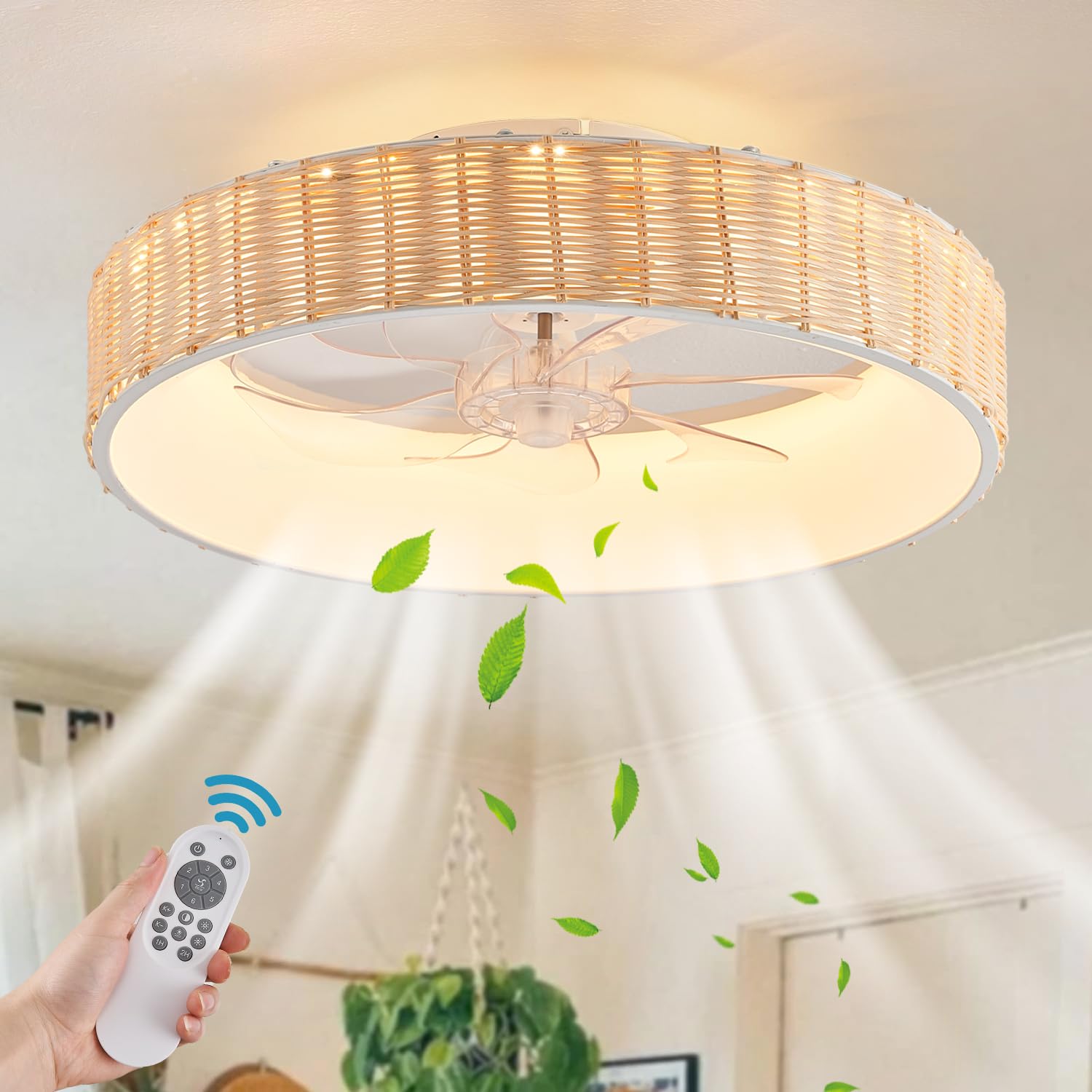 Plafondventilator Met Verlichting En Afstandsbediening Handgeweven Plafondverlichting