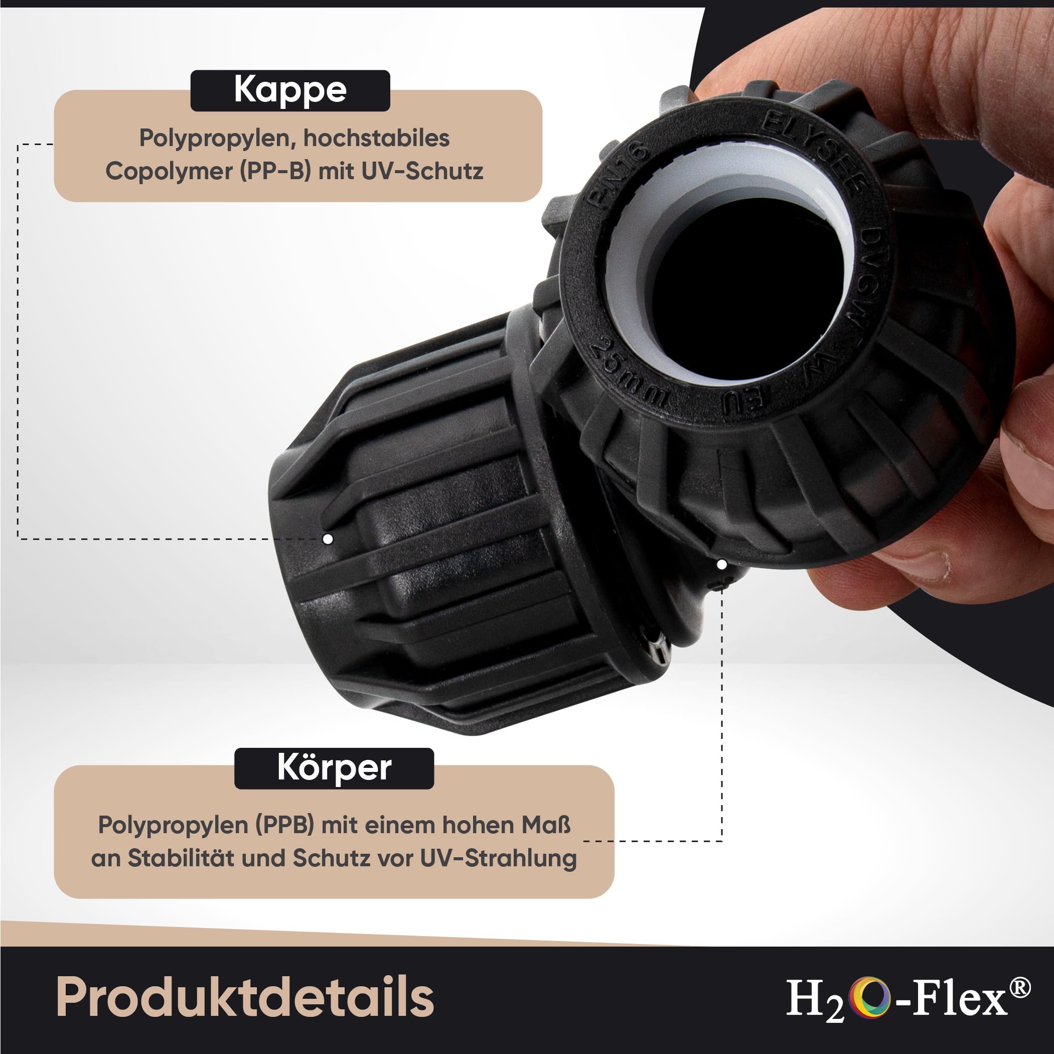 H2O-Flex Raccordo A Morsetto 90° Per Tubo PE 25mm - Polipropilene Con Certificazione DVGW