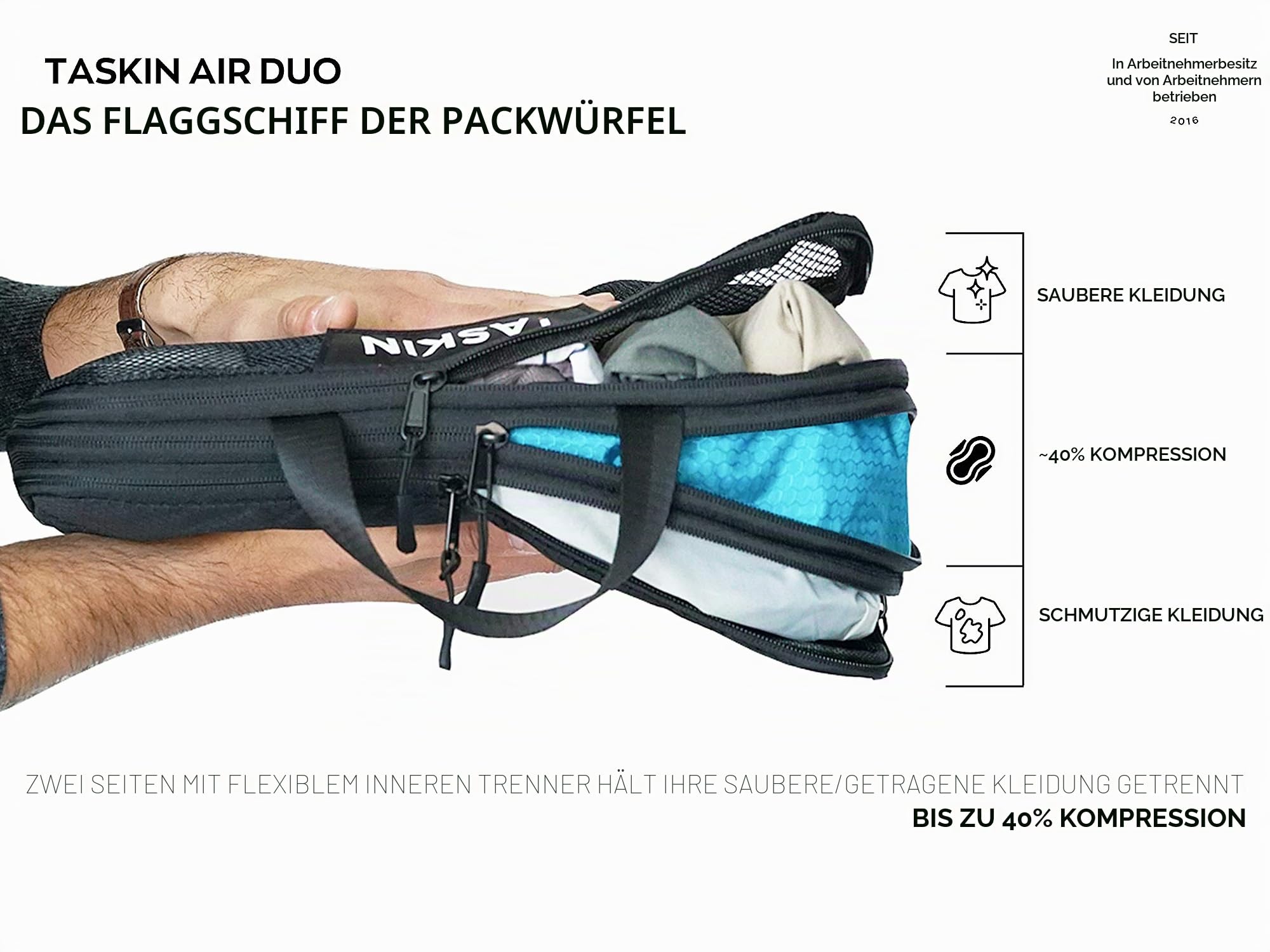 Kompressions-Verpackungswürfel | Dreifach-Reißverschluss | separate saubere und schmutzige Fächer mit flexiblen Trennwänden | YKK-Reißverschlüsse