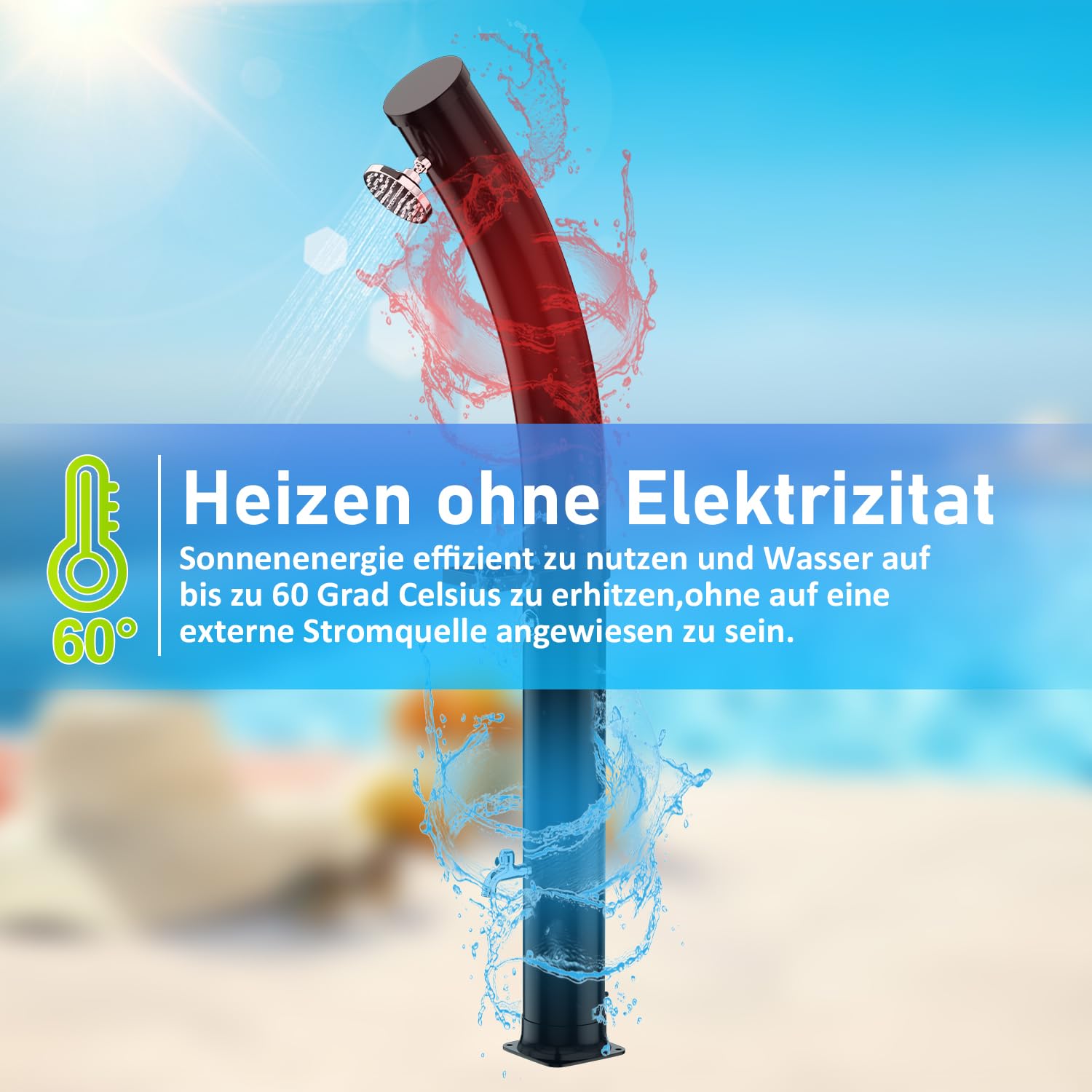 Prysznic solarny o pojemności 40 litrów, w zestawie osłona i element podłogowy, obracana głowica prysznicowa o 180°, zintegrowany prysznic nożny, maks. 60°C