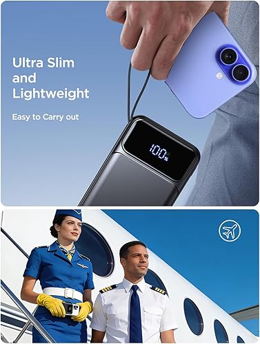 Miniatura 5 de Banco de energía, cargador portátil con cable integrado de 22.5 W, paquete de batería de carga rápida, 10000 mAh, delgado, 6 salidas, 3 entradas