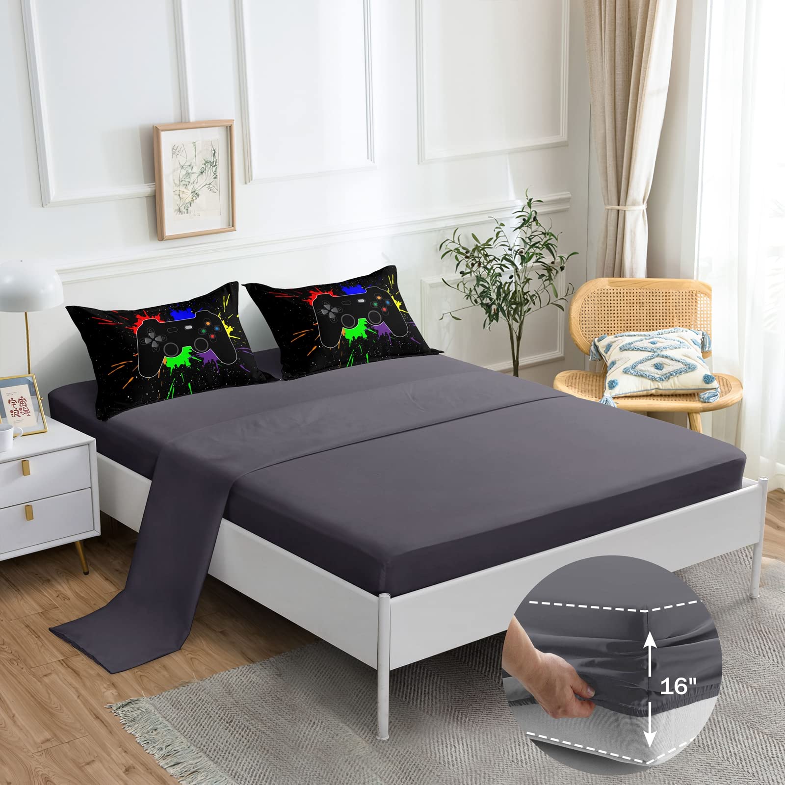 ROWADALO Set Letto Completo 6 Pezzi Gamer | Piumino 200x230 E Federe Con Controller 3D | Microfibra Morbida | Regalo Per Ragazzi E Appassionati Di Videogiochi